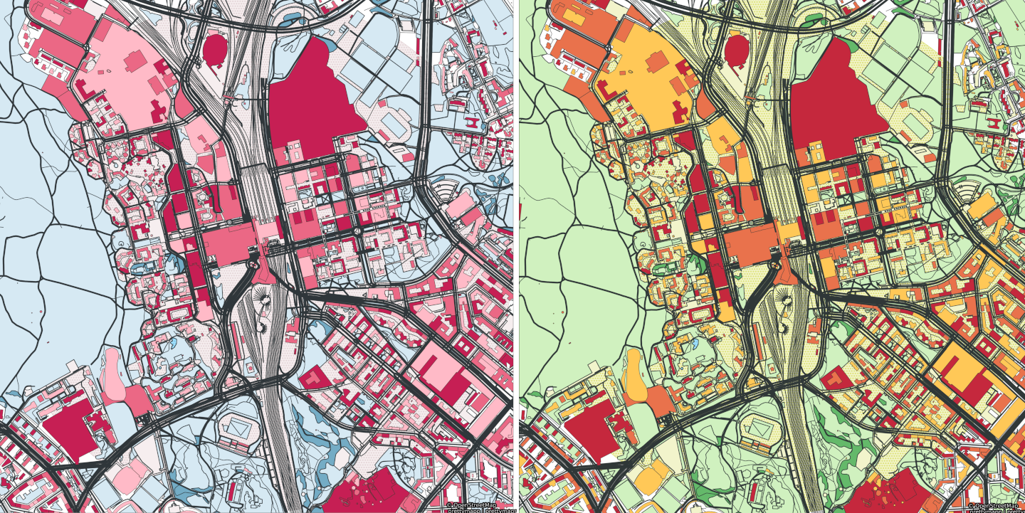 A side-by-side comparison of the same map in two colour palettes: one that simulates how a person tritanopia (insensitivity to blue) sees it, the other shows how a person without color blindness sees it.
