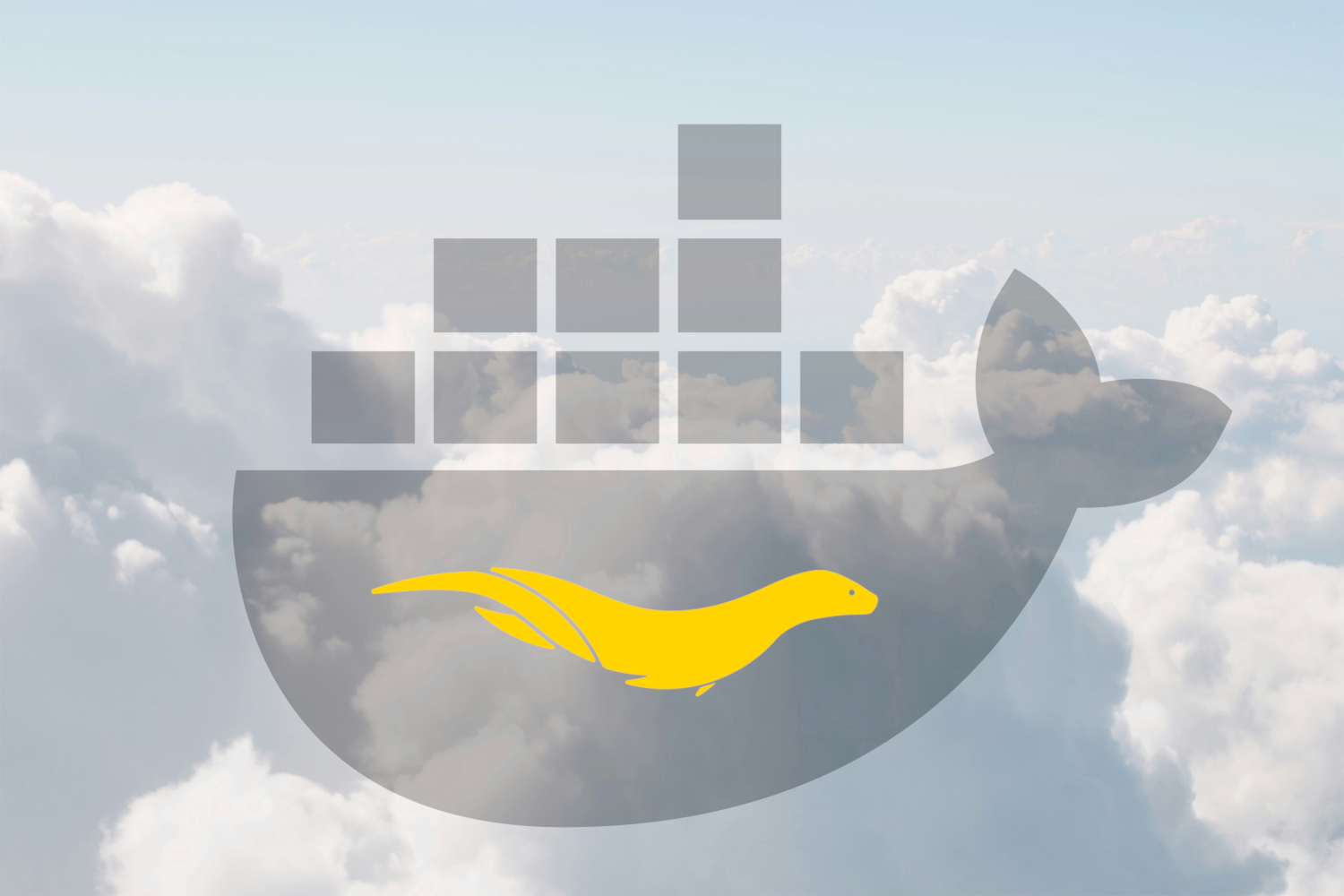 A decorative picture including Oskari and Docker logos on clouds. The original photograph by Vladimir Anikeev on Unsplash.